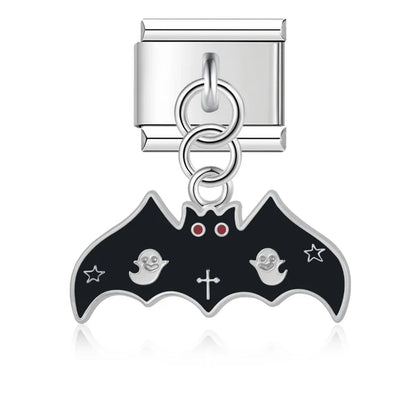 Halloween themed Ghost Castle Bat charms – second view of silver bat charm with ghost and cross details, Italian charm bracelet charm by Charmtastic