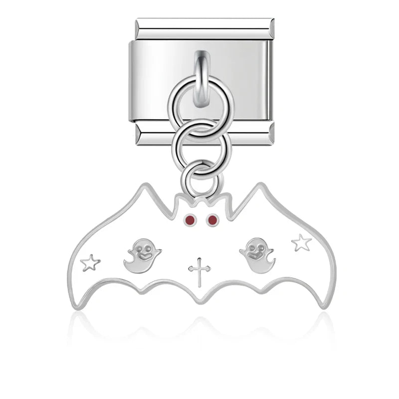 Halloween themed Ghost Castle Bat charms – silver bat charm with ghost and cross details, Italian charm bracelet charm by Charmtastic