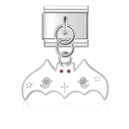 Halloween themed Ghost Castle Bat charms – silver bat charm with ghost and cross details, Italian charm bracelet charm by Charmtastic