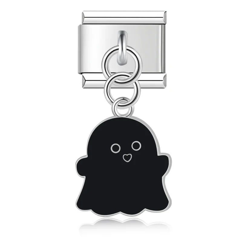 Halloween themed Ghost Castle Bat charms – silver black ghost silhouette charm, Italian charm bracelet charm by Charmtastic