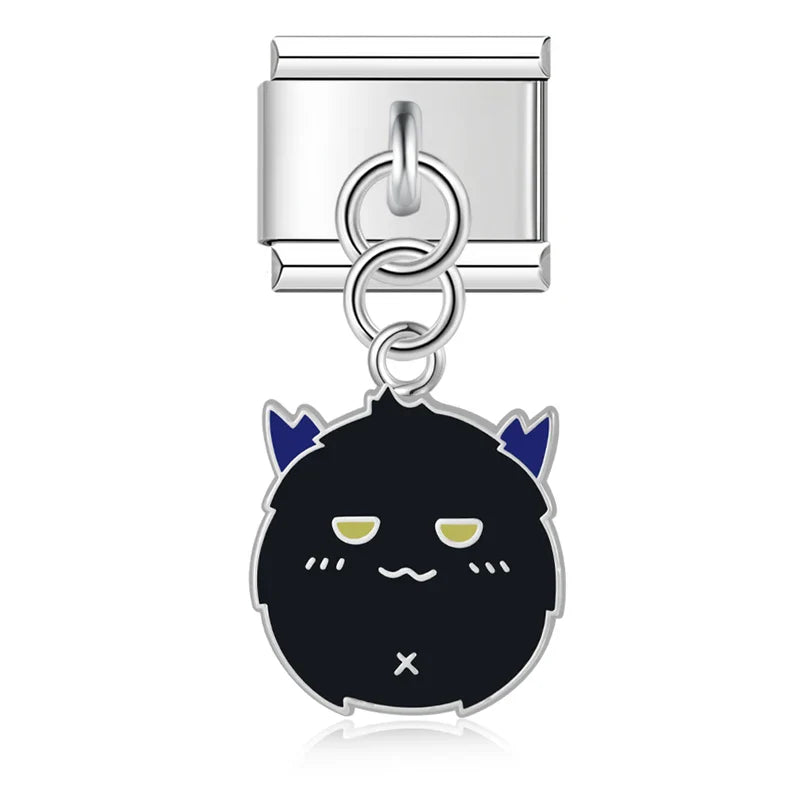 Halloween themed Ghost Castle Bat charms – silver black fluffy monster charm with blue horns, Italian charm bracelet charm by Charmtastic