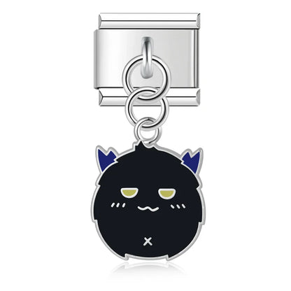 Halloween themed Ghost Castle Bat charms – silver black fluffy monster charm with blue horns, Italian charm bracelet charm by Charmtastic