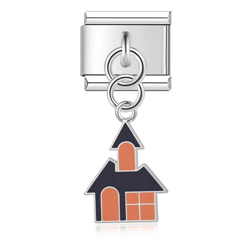 Halloween themed Ghost Castle Bat charms – silver haunted house charm with orange and black enamel, Italian charm bracelet charm by Charmtastic
