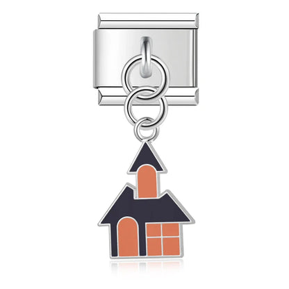 Halloween themed Ghost Castle Bat charms – silver haunted house charm with orange and black enamel, Italian charm bracelet charm by Charmtastic