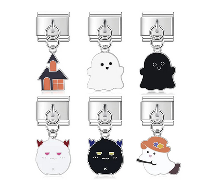 Halloween themed Ghost Castle Bat charms – silver Halloween charm set including haunted house, ghost, and fluffy monster charms with colored enamel, Italian charm bracelet charms by Charmtastic