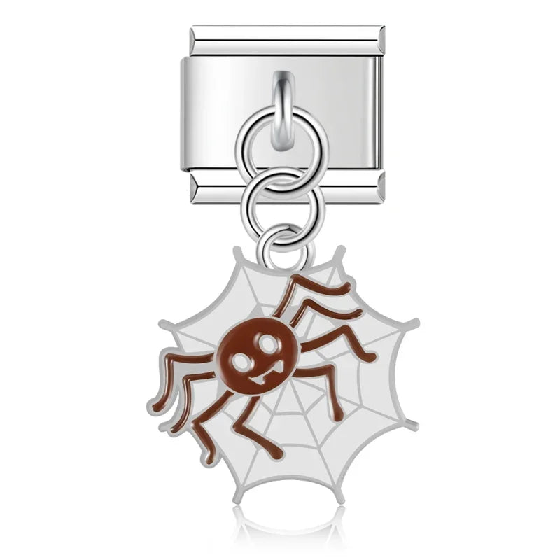Halloween themed Skull Spider Web charms – brown spider on web enamel charm, Italian charm bracelet charm by Charmtastic