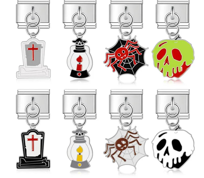 Halloween themed Skull Spider Web charms – assorted Halloween enamel charms including gravestone, lantern, spider web, and poison apple designs, Italian charm bracelet charms by Charmtastic