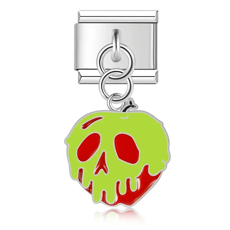 Halloween themed Skull Spider Web charms – green poison apple with skull face enamel charm, Italian charm bracelet charm by Charmtastic