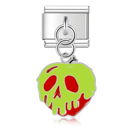 Halloween themed Skull Spider Web charms – green poison apple with skull face enamel charm, Italian charm bracelet charm by Charmtastic