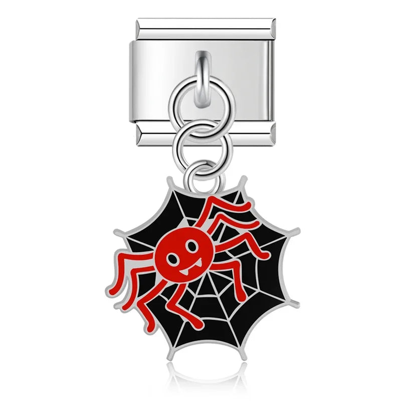 Halloween themed Skull Spider Web charms – red spider on black web enamel charm, Italian charm bracelet charm by Charmtastic