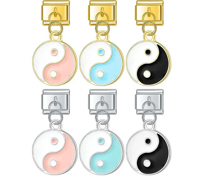 9mm Italian charm bracelet links in silver and gold featuring Yin Yang dangles in pink and white, blue and white, and black and white enamel.