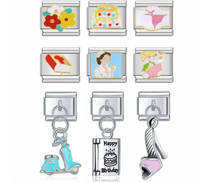Harry Potter Glaze Flower Dancers Angel Nurse – silver Italian charm set including flower, floral bag, ballerina, red cross book, nurse, pizza slice, scooter, birthday cake book, and high heel charms, Italian charm bracelet charms by Charmtastic