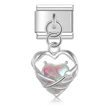 Pearl Heart & Flower Dangle Italian Charms — Mother of Pearl Pendant Bracelet Links