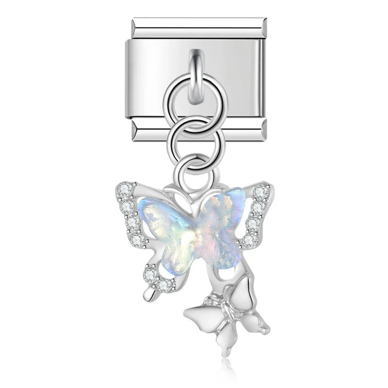 Heart Butterfly Silver Charms – butterfly charm with cz crystals in blue opal, Italian charm bracelet charm by Charmtastic