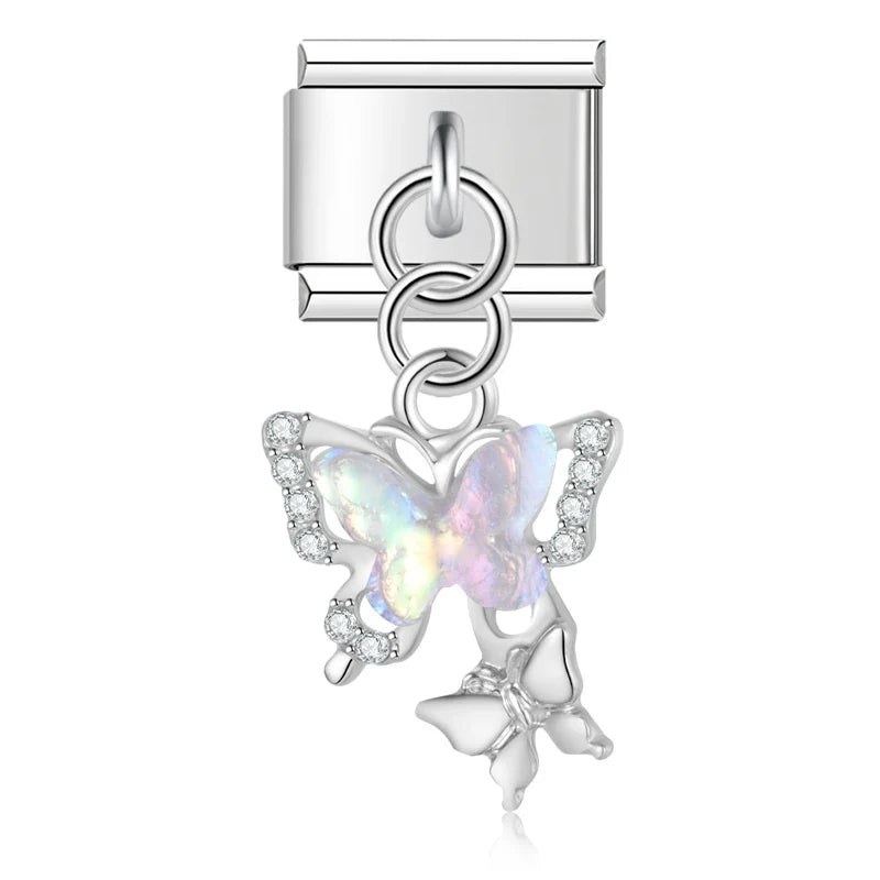Heart Butterfly Silver Charms – butterfly charm with cz crystals in opal rainbow, Italian charm bracelet charm by Charmtastic