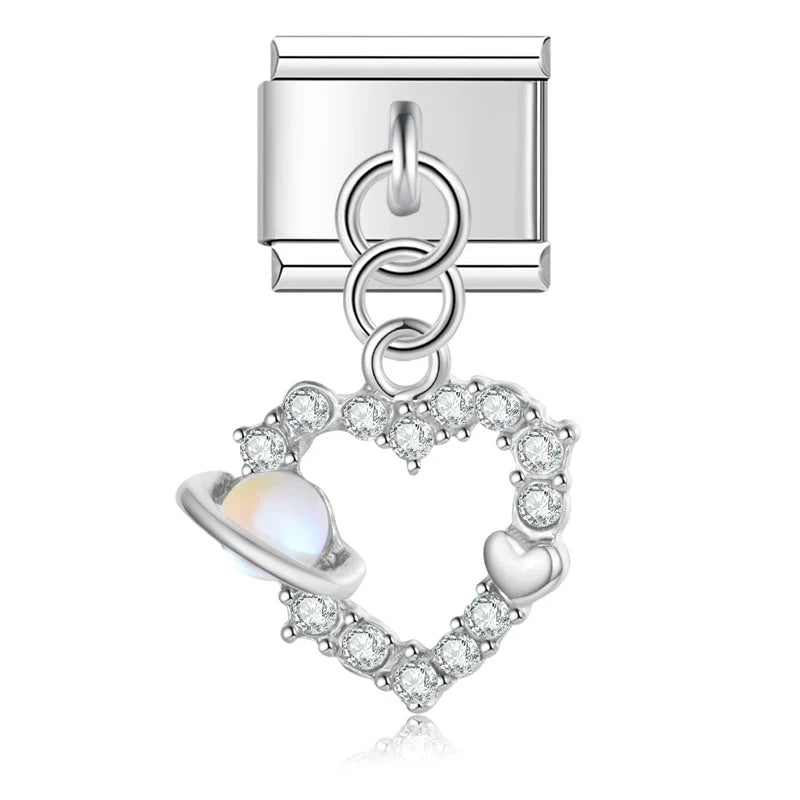 Heart Butterfly Silver Charms – heart-shaped cz charm with blue planet accent, Italian charm bracelet charm by Charmtastic