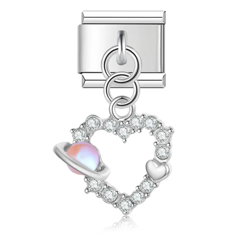 Heart Butterfly Silver Charms – heart-shaped cz charm with pink planet accent, Italian charm bracelet charm by Charmtastic