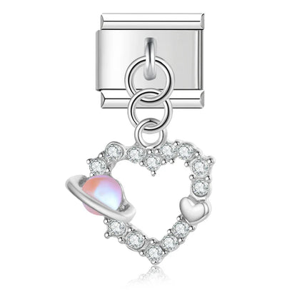 Heart Butterfly Silver Charms – heart-shaped cz charm with pink planet accent, Italian charm bracelet charm by Charmtastic