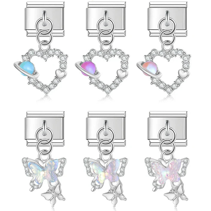 Heart Butterfly Silver Charms – heart-shaped and butterfly cz charms with opal planet accents in assorted colors, Italian charm bracelet charms by Charmtastic