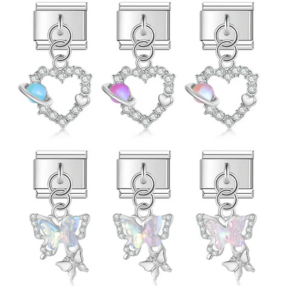 Heart Butterfly Silver Charms – heart-shaped and butterfly cz charms with opal planet accents in assorted colors, Italian charm bracelet charms by Charmtastic