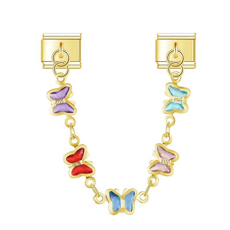 Heart Butterfly Star Chain charms silver&gold – gold safety chain with colorful crystal butterfly links, Italian charm bracelet safety chain by Charmtastic