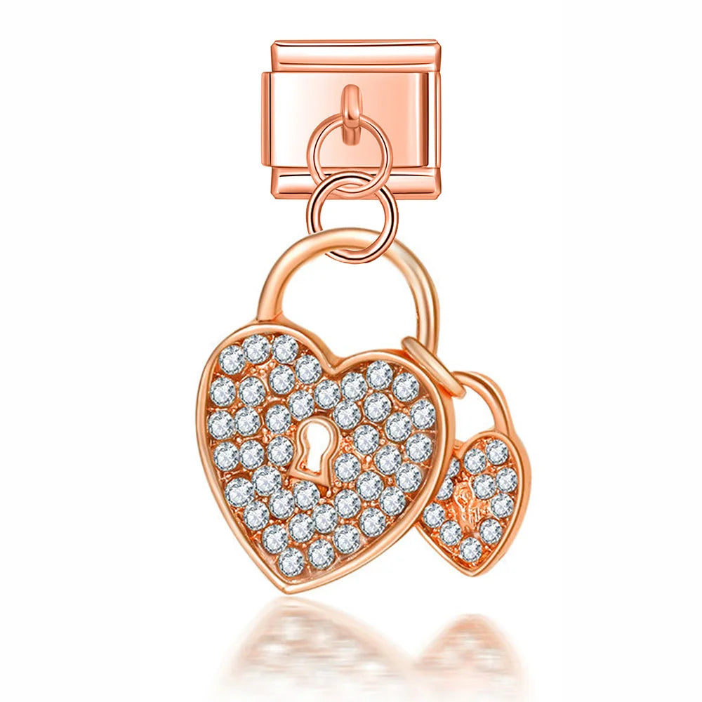 Heart Crown Love Dog's Paw charms – rose gold double heart padlock charm with CZ pave, Italian charm bracelet charm by Charmtastic