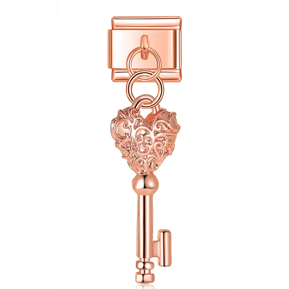 Heart Crown Love Dog's Paw charms – rose gold key charm with heart pendant, Italian charm bracelet charm by Charmtastic
