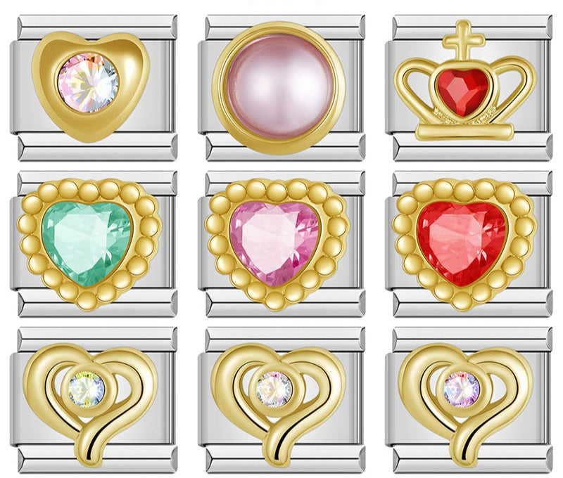 Heart Crown Star Shiny Charms – overview of 9 sparkling gold charms: crystal heart, pink pearl, ruby crown, emerald heart, pink heart, red heart, and three crystal open-heart charms, Italian charm bracelet charms by Charmtastic