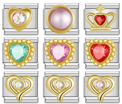 Heart Crown Star Shiny Charms – overview of 9 sparkling gold charms: crystal heart, pink pearl, ruby crown, emerald heart, pink heart, red heart, and three crystal open-heart charms, Italian charm bracelet charms by Charmtastic