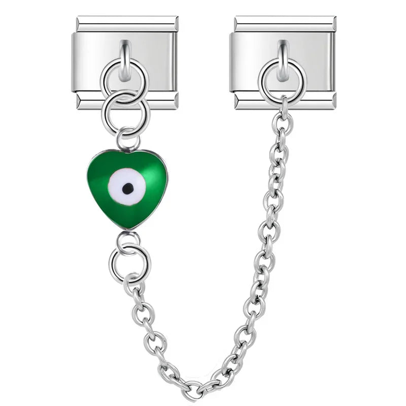 Silver safety chain with green heart evil eye — Italian charm bracelet, by Charmtastic