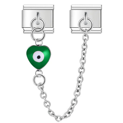 Silver safety chain with green heart evil eye — Italian charm bracelet, by Charmtastic