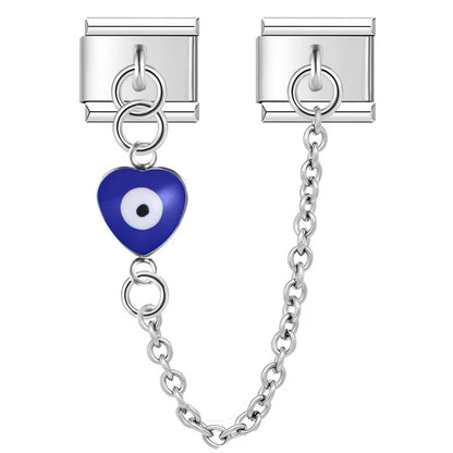 Silver safety chain with navy heart evil eye — Italian charm bracelet, by Charmtastic