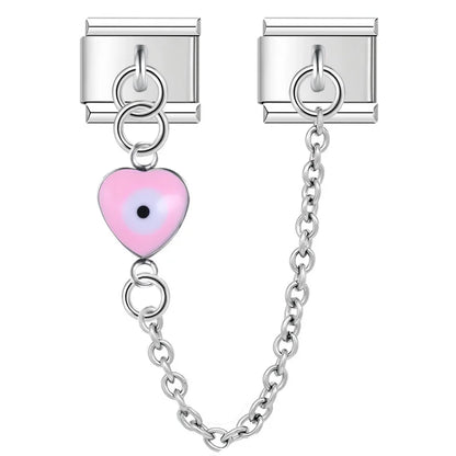 Silver safety chain with pink heart evil eye — Italian charm bracelet, by Charmtastic