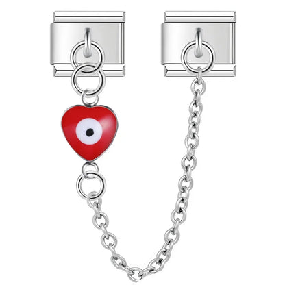 Silver safety chain with red heart evil eye — Italian charm bracelet, by Charmtastic