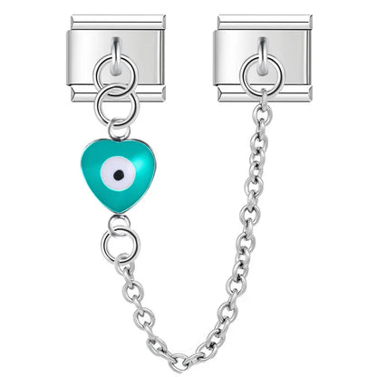 Silver safety chain with teal heart evil eye — Italian charm bracelet, by Charmtastic
