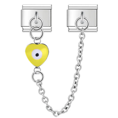 Silver safety chain with yellow heart evil eye — Italian charm bracelet, by Charmtastic