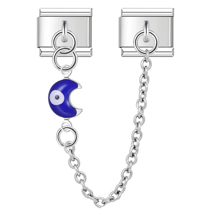 Silver safety chain with blue crescent moon evil eye — Italian charm bracelet, by Charmtastic