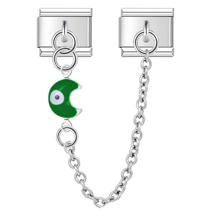 Silver safety chain with green crescent moon evil eye — Italian charm bracelet, by Charmtastic