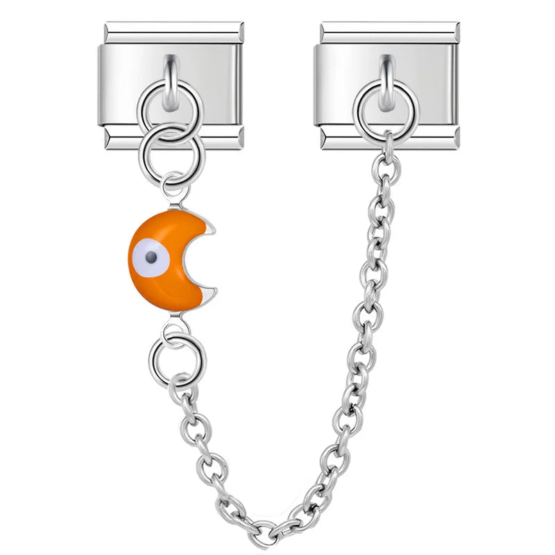 Silver safety chain with orange crescent moon evil eye — Italian charm bracelet, by Charmtastic