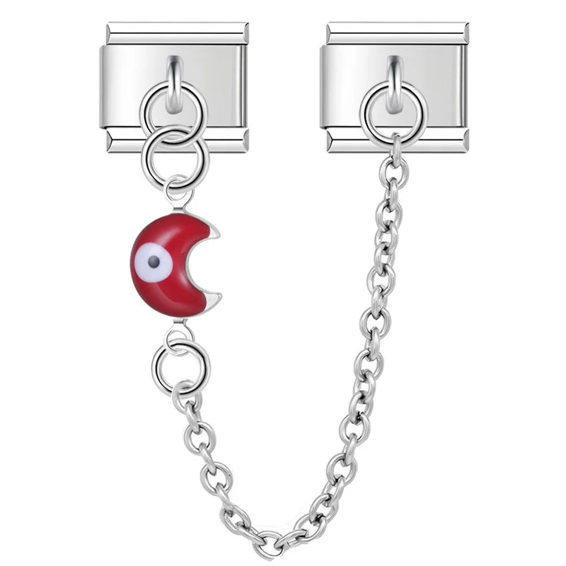Silver safety chain with red crescent moon evil eye — Italian charm bracelet, by Charmtastic