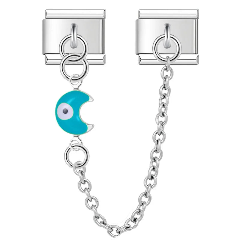 Silver safety chain with teal crescent moon evil eye — Italian charm bracelet, by Charmtastic