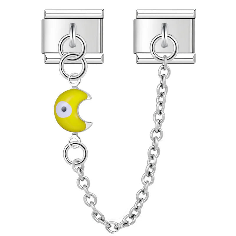 Silver safety chain with yellow crescent moon evil eye — Italian charm bracelet, by Charmtastic