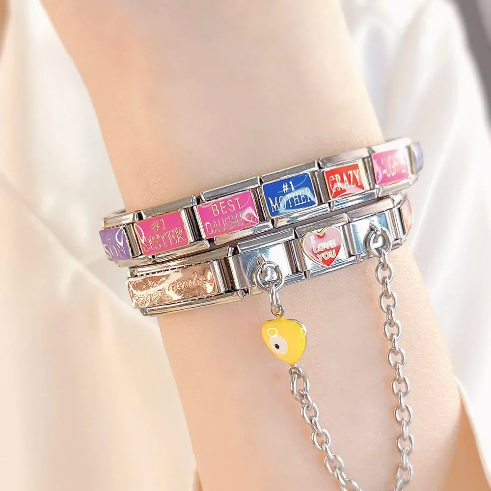 Heart and moon evil eye safety chain close-up — 9mm Italian charm, by Charmtastic