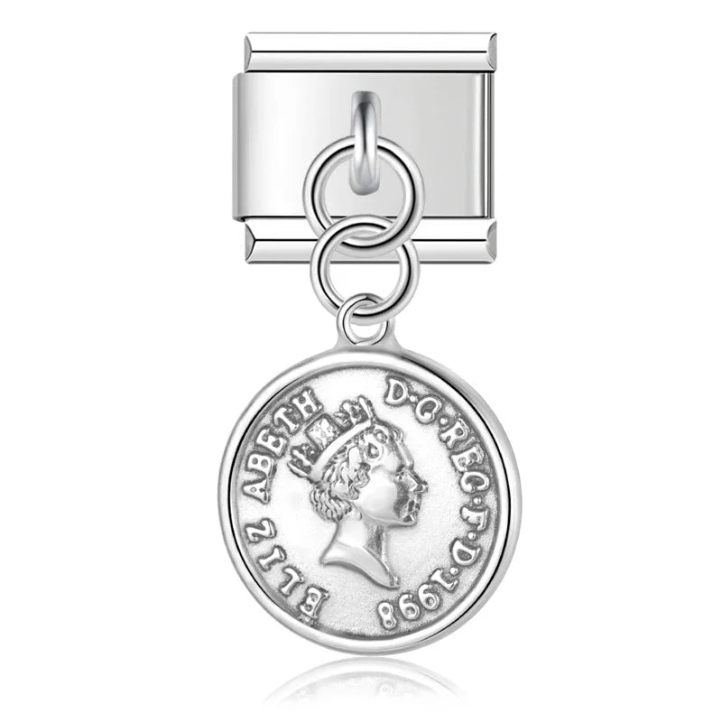 silver dangle charms Heart Eye Moon – silver Elizabeth II coin charm, Italian charm bracelet charm by Charmtastic