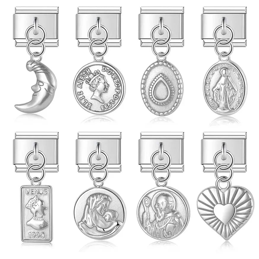 silver dangle charms Heart Eye Moon – assorted silver dangle charms including moon face, coin medallions, Virgin Mary medal, and evil eye, Italian charm bracelet charms by Charmtastic