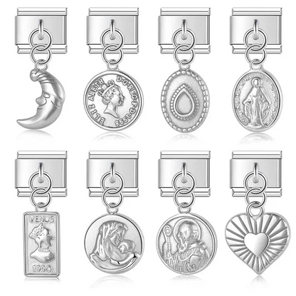 silver dangle charms Heart Eye Moon – assorted silver dangle charms including moon face, coin medallions, Virgin Mary medal, and evil eye, Italian charm bracelet charms by Charmtastic