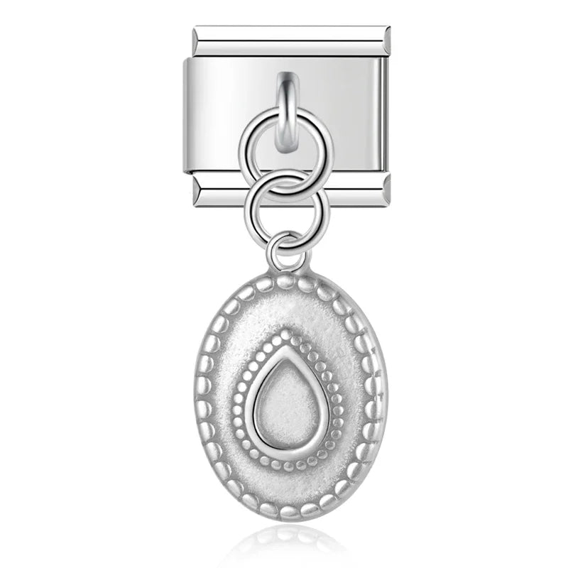 silver dangle charms Heart Eye Moon – silver textured teardrop oval medallion charm, Italian charm bracelet charm by Charmtastic