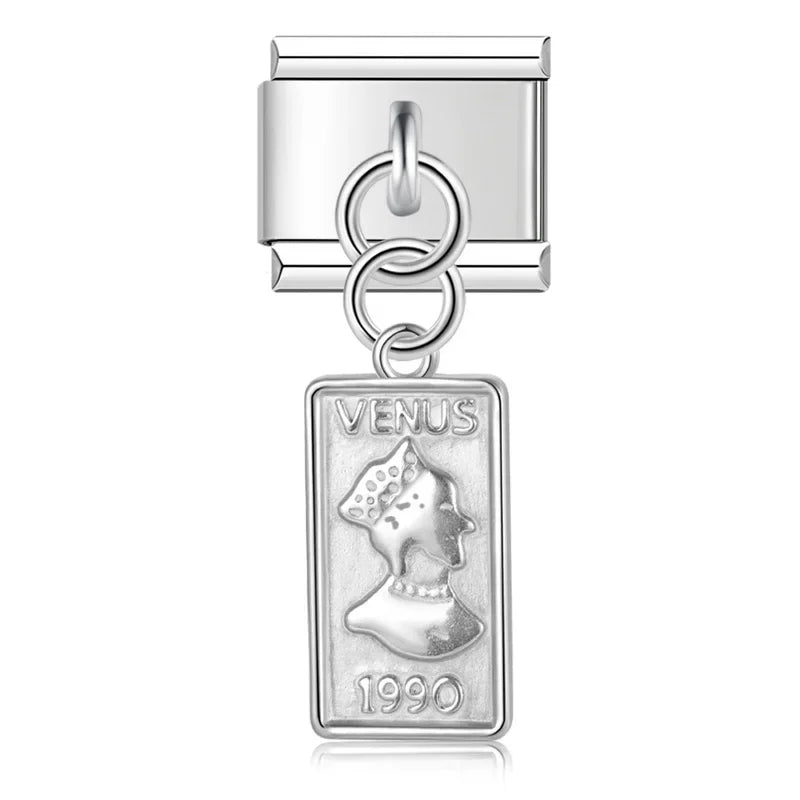 silver dangle charms Heart Eye Moon – silver Venus 1990 coin bar charm, Italian charm bracelet charm by Charmtastic