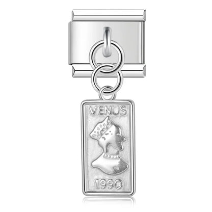 silver dangle charms Heart Eye Moon – silver Venus 1990 coin bar charm, Italian charm bracelet charm by Charmtastic