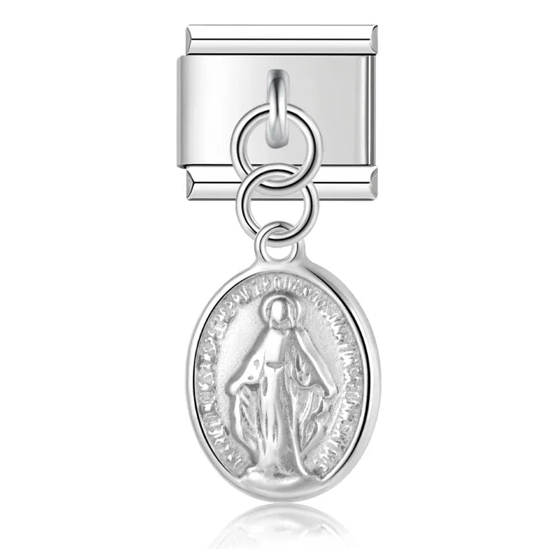 silver dangle charms Heart Eye Moon – silver Virgin Mary oval medal charm, Italian charm bracelet charm by Charmtastic